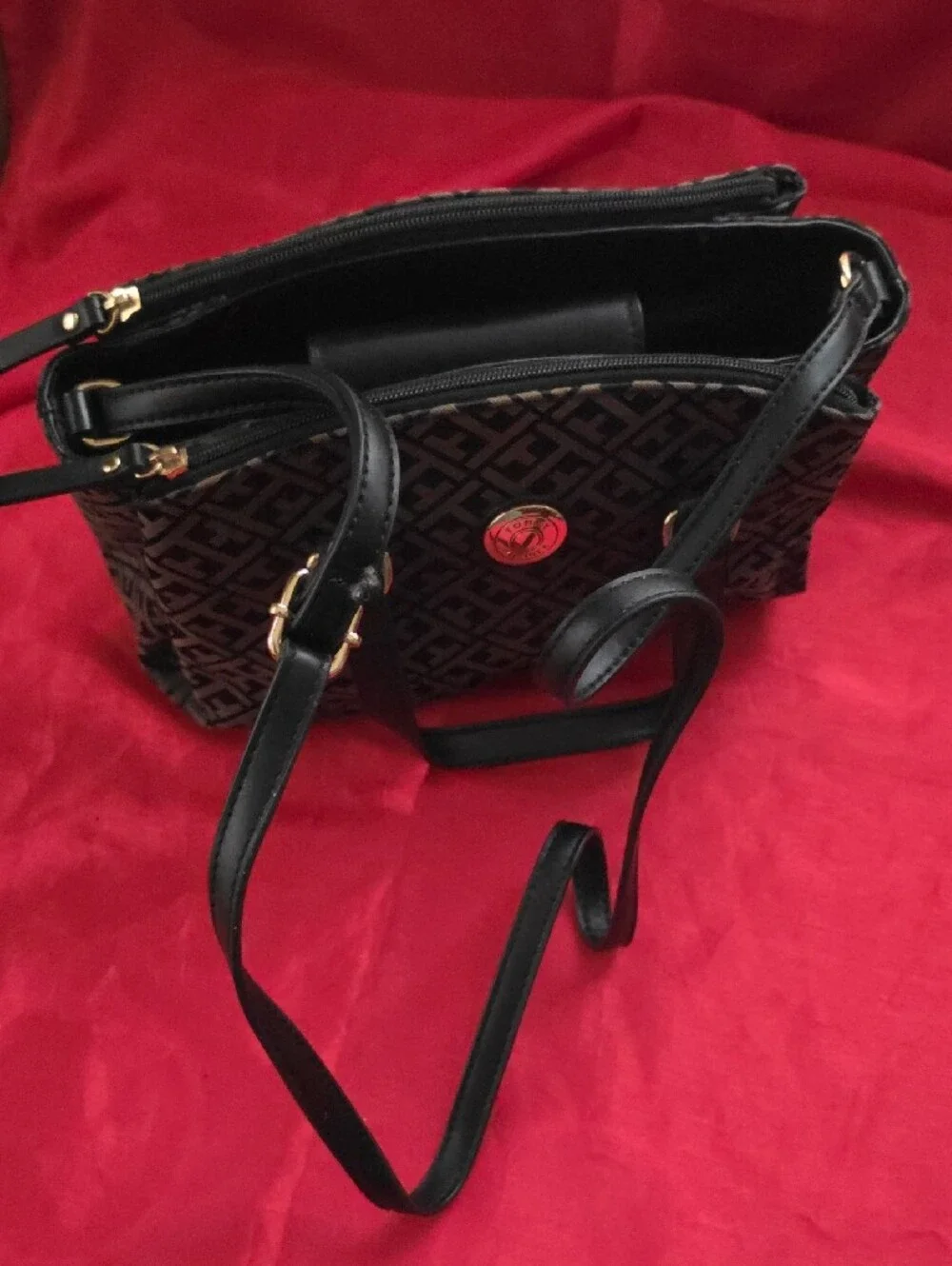 Tommy Hilfiger Black and Gray Monogram Satchel with Gold Accent